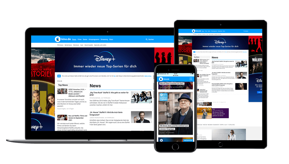 Mit dem kino.de Streaming-Tipp inszeniert unser Branded Content Team für Disney Plus ein Fullservice-Komplettpaket: Starke Performance, native Gestaltung aller Creatives und Mitabsenderschaft der Marke. Im Fokus steht eine Tipp-Story, die über den Streamingdienst informiert und einen Vorgeschmack auf kommende Serien-Highlights gibt.