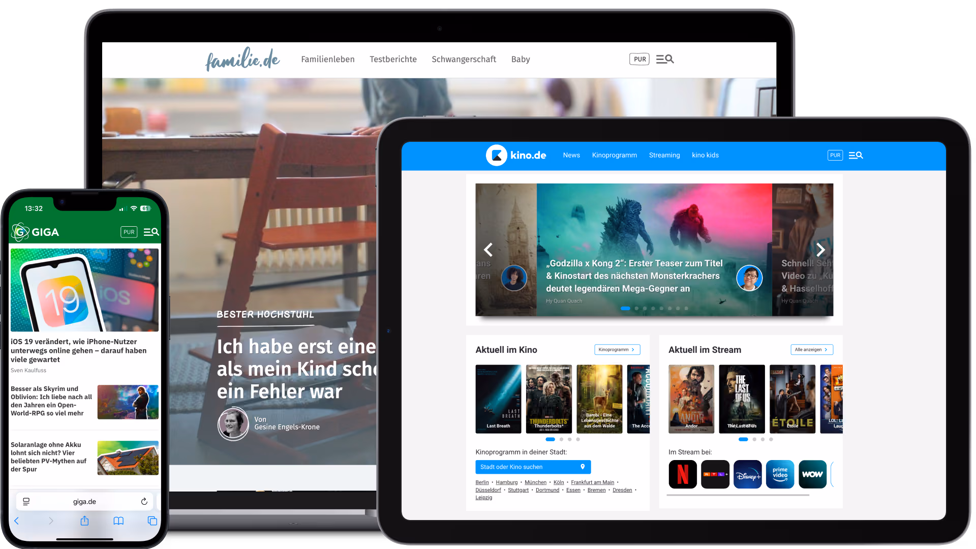 GIGA, familie.de und kino.de auf Smartphone, Tablet und Desktop